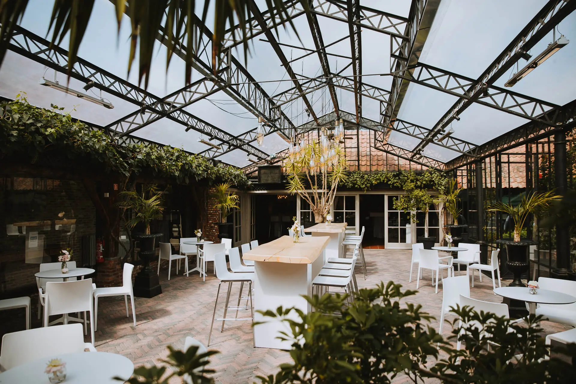 Orangerie met witte tafels en stoelen klaar voor het aperitief, gezien door de palmbladeren